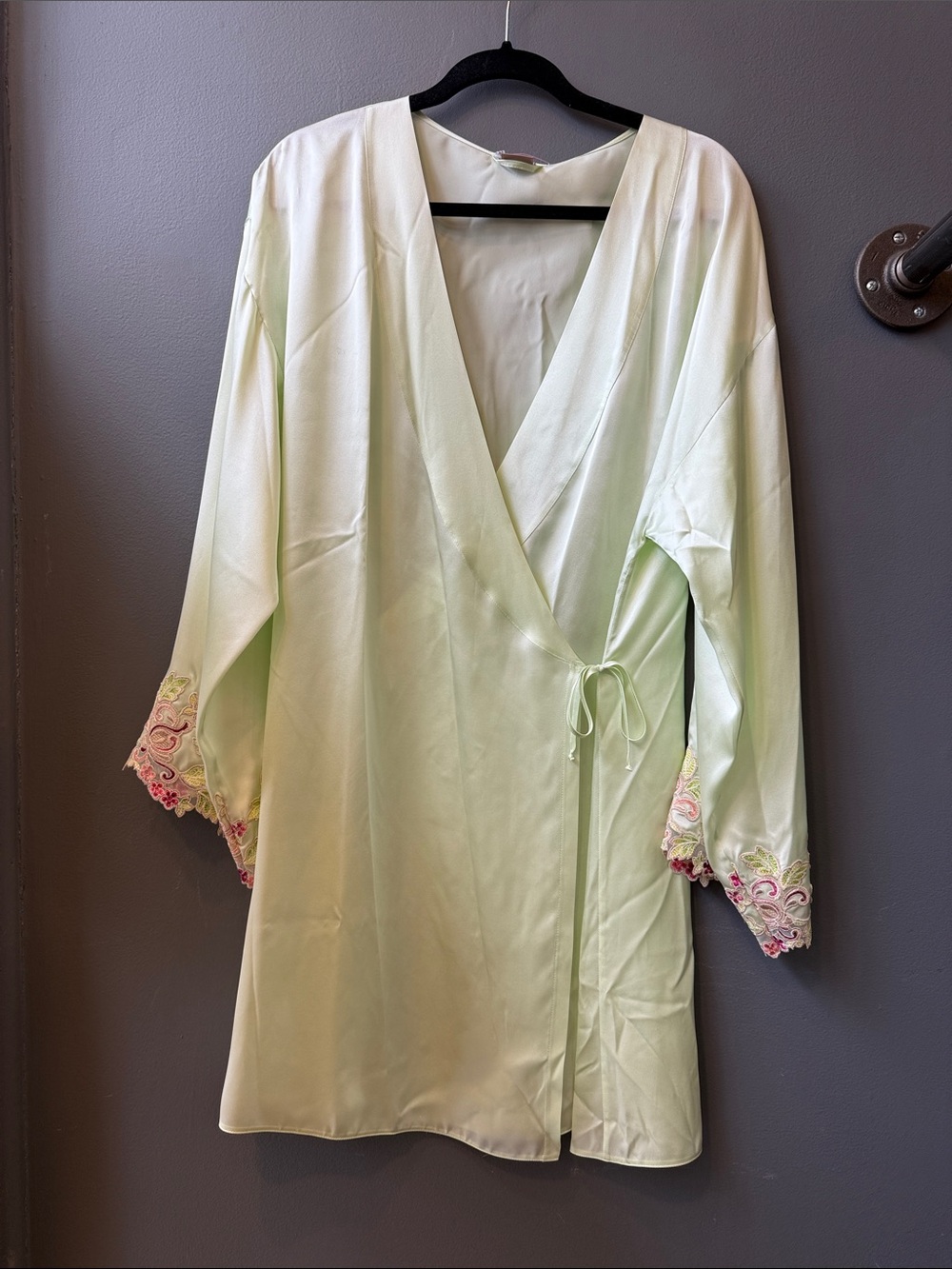 La Perla Pale Green Satin Wrap Robe with Pink Embroidered Cuffs